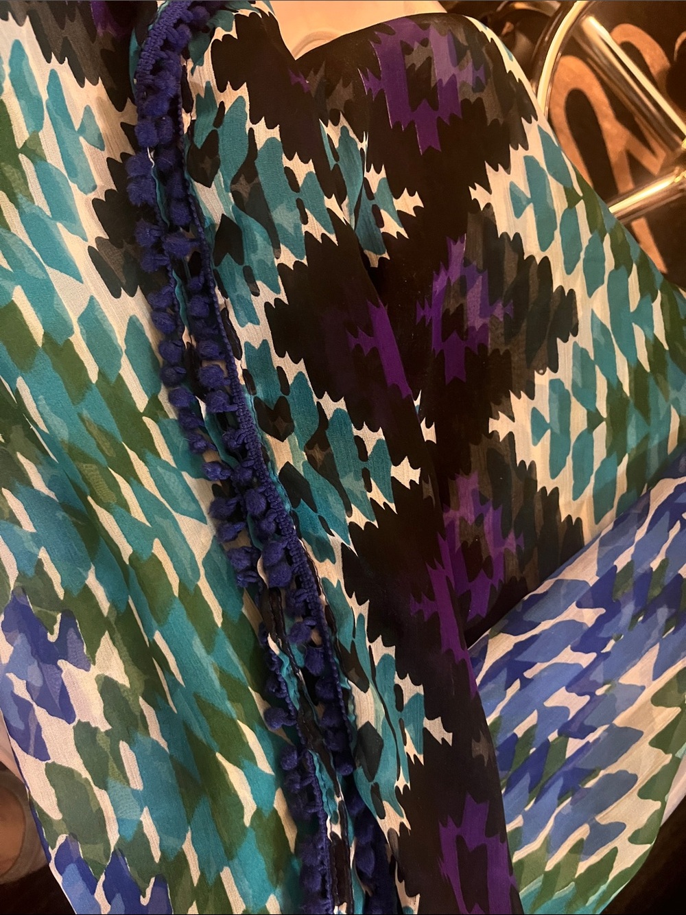 Apt. 9 Teal, Blue & Purple Patterned Scarf with Pom Trim S82